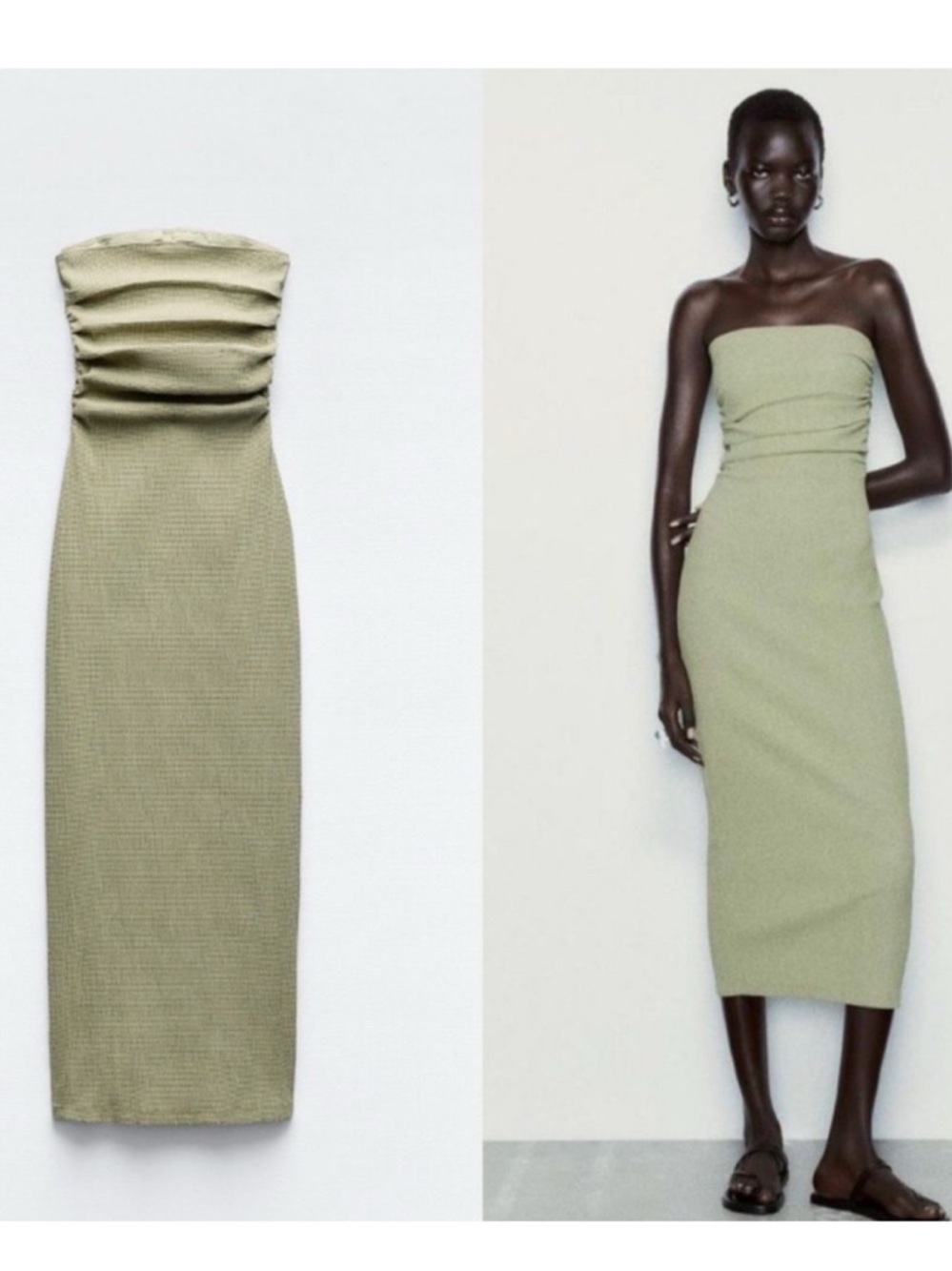 Zara Strapless Ruched Midi Dress in Sage Green